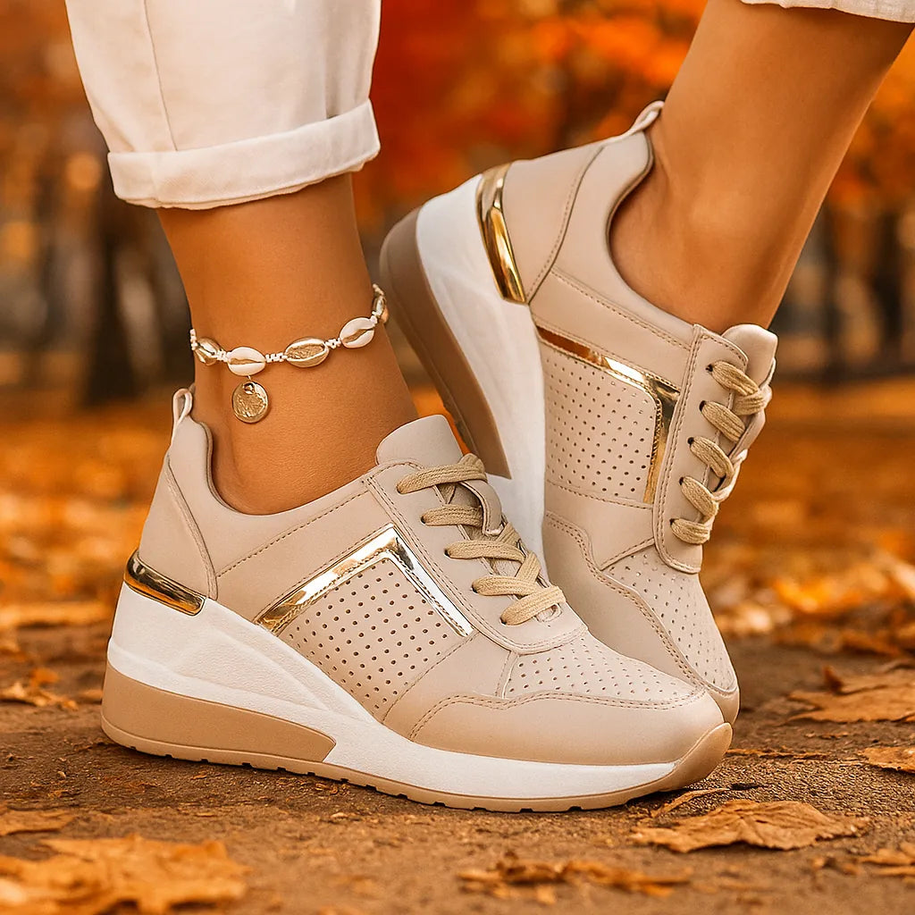 Beige Women's Orthopedic Wedge Shoes with Breathable Perforated Design — Brooke - Back Pose Autumn