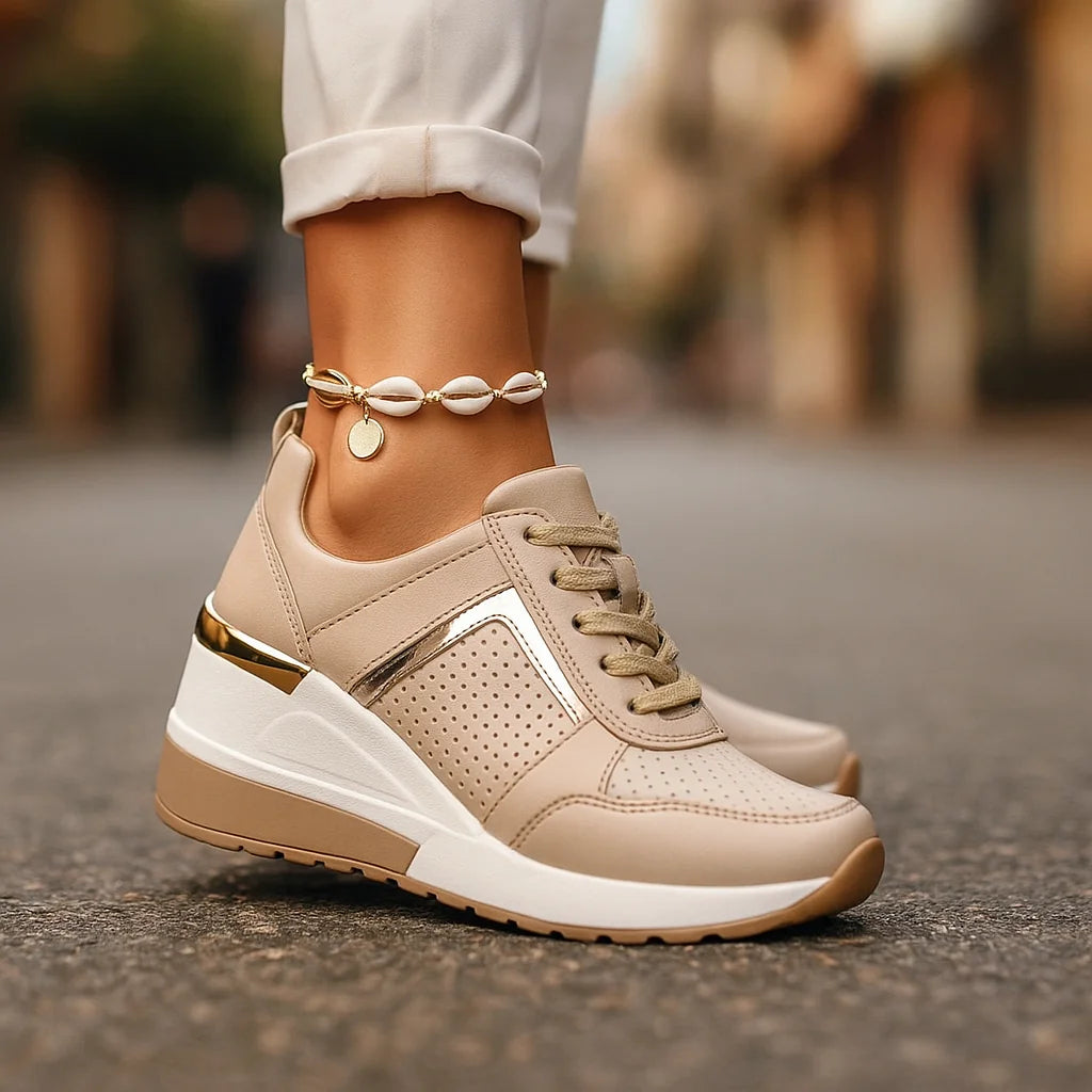Beige Women's Orthopedic Wedge Shoes with Breathable Perforated Design — Brooke - Front Close Up