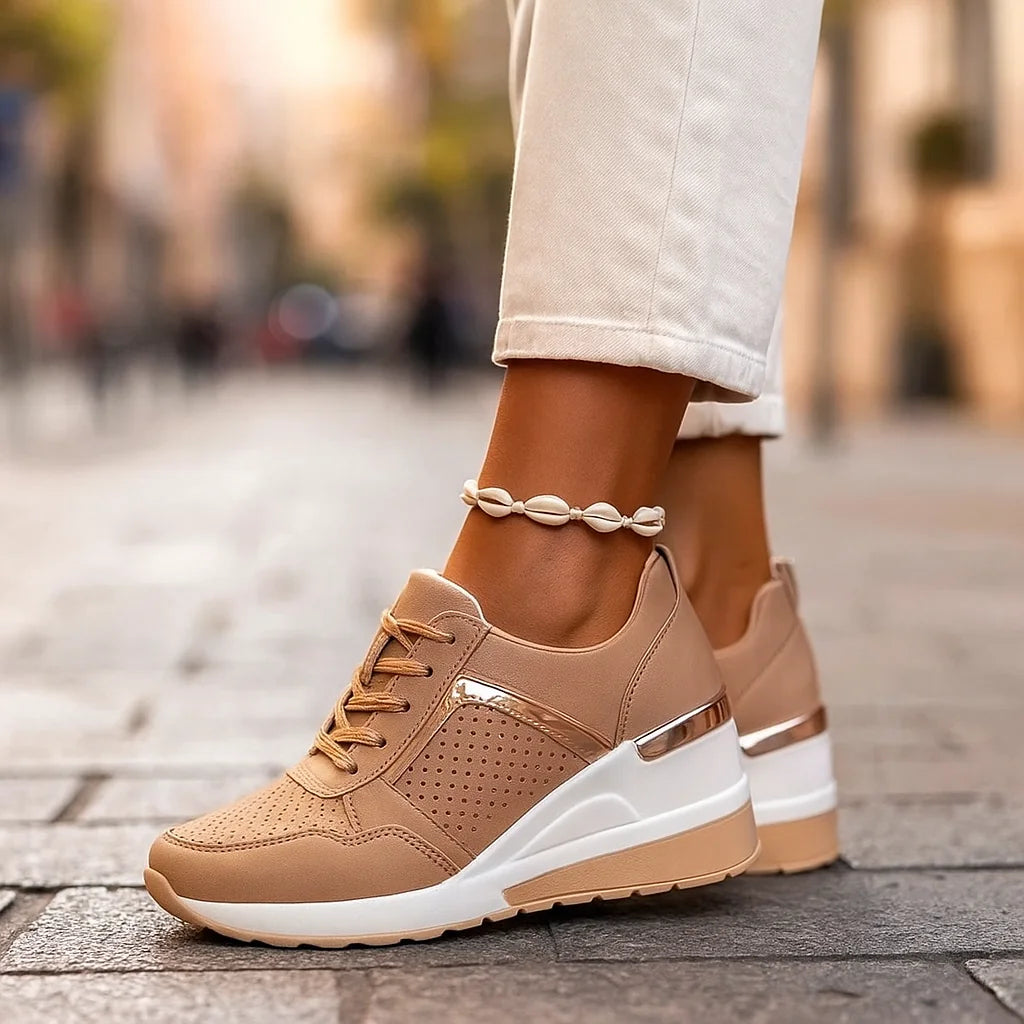 Brown Women's Orthopedic Wedge Shoes with Breathable Perforated Design — Brooke - Side Pose Outdoor