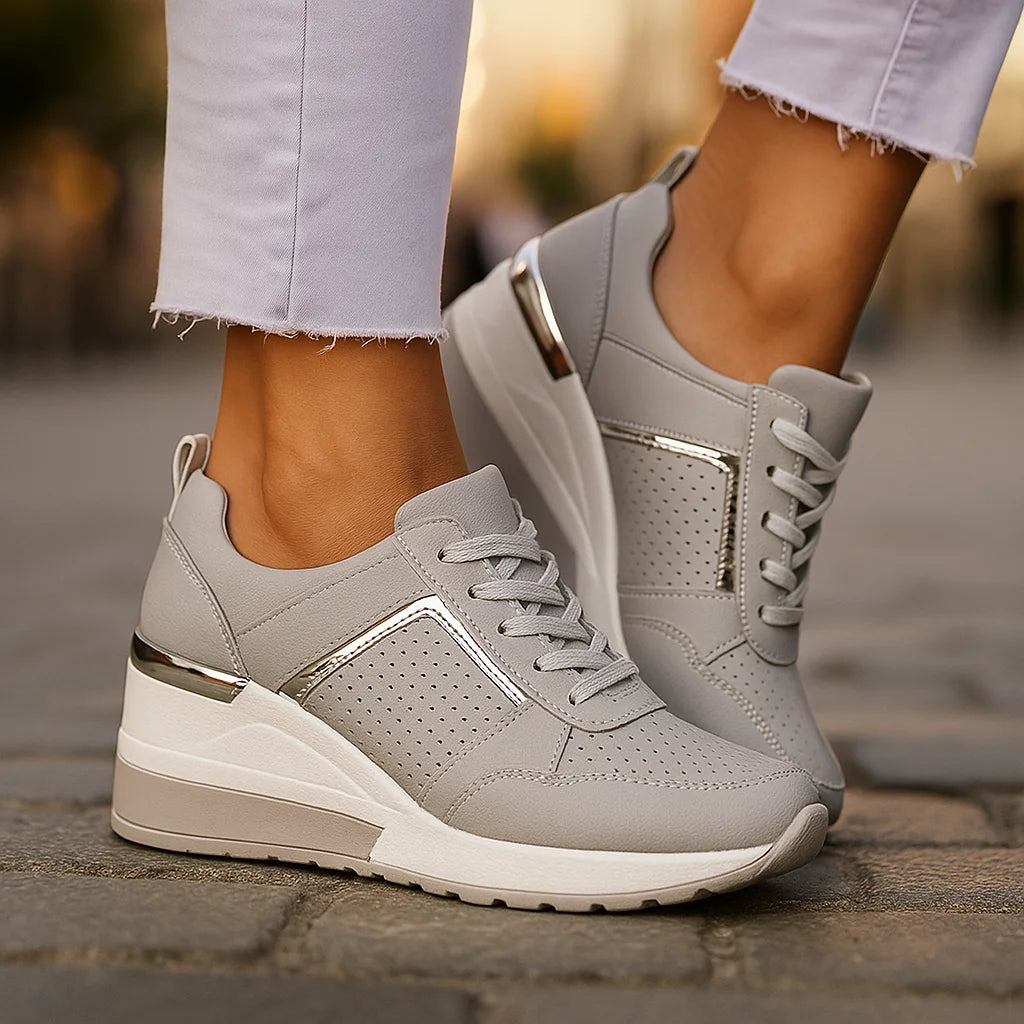 Grey Women's Orthopedic Wedge Shoes with Breathable Perforated Design — Brooke - Close Up Heel Detail
