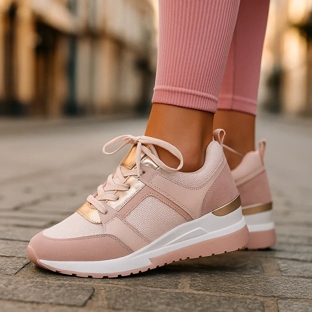 Pink Women's Orthopedic Wedge Shoes with Breathable Perforated Design — Brooke - Back Lace Detail