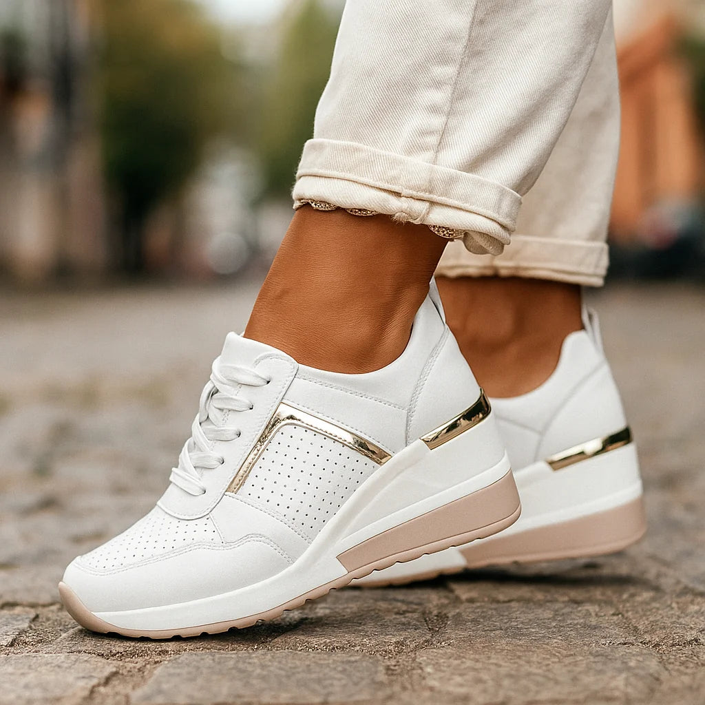 White Women's Orthopedic Wedge Shoes with Breathable Perforated Design — Brooke - Front Lace Detail