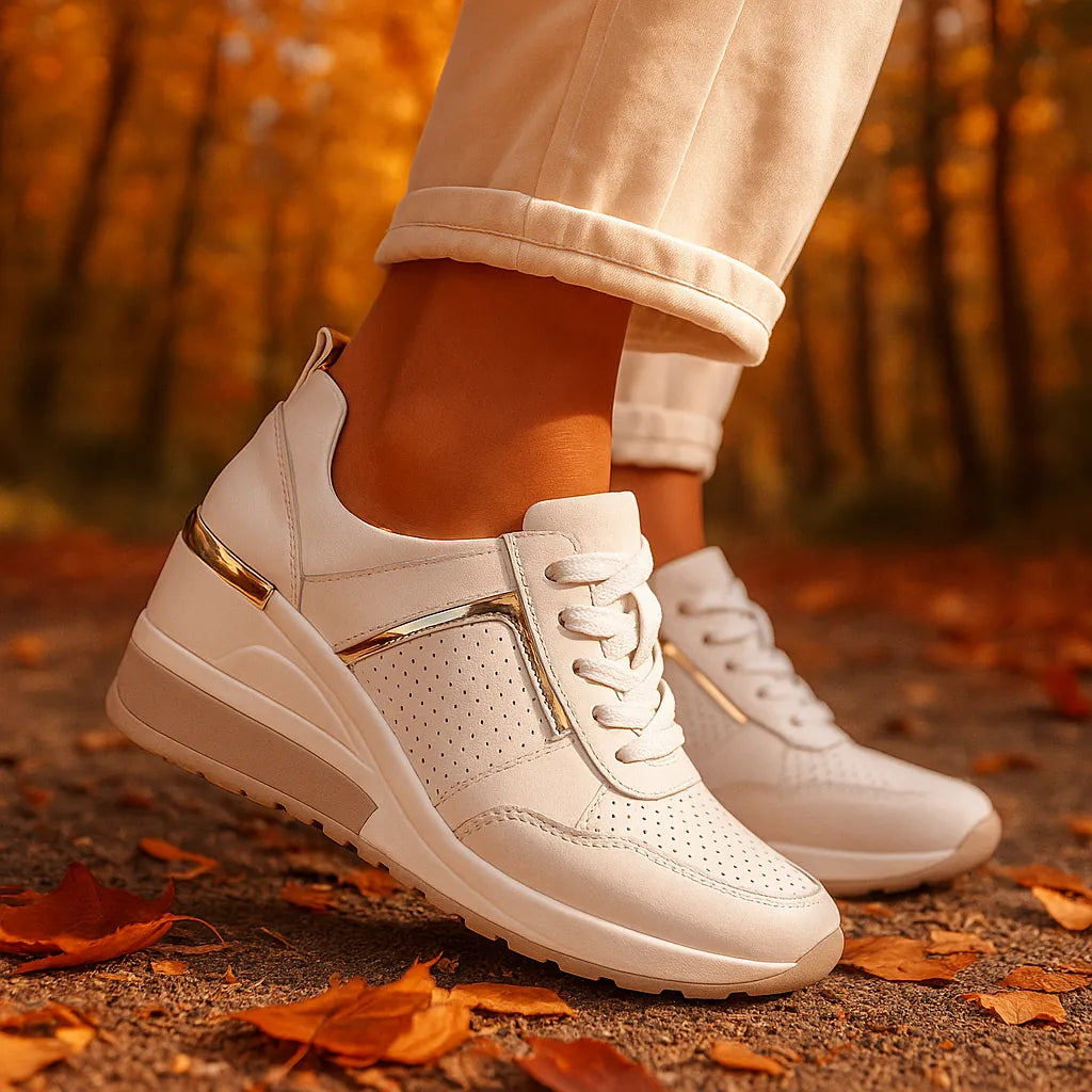 White Women's Orthopedic Wedge Shoes with Breathable Perforated Design — Brooke - Side Pose Autumn