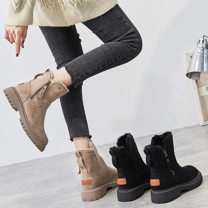 Beige Women's Orthopedic Winter Boots with Rounded Toe & Platform Sole - Model Walking