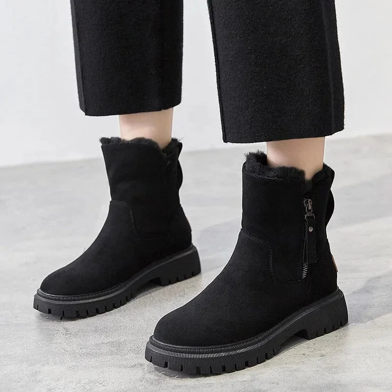 Black Women's Orthopedic Winter Boots with Rounded Toe & Platform Sole - Front Worn