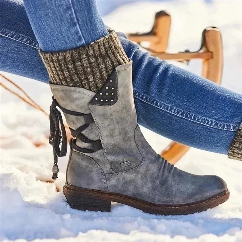 Women's Orthopedic Winter Shoes with Lace-Up Knit Cuff & Buckle Detail - Worn Lifestyle Outdoor