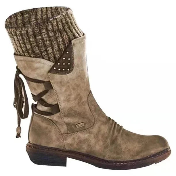 Khaki Women's Orthopedic Winter Shoes with Lace-Up Knit Cuff & Buckle Detail - Studio Side View