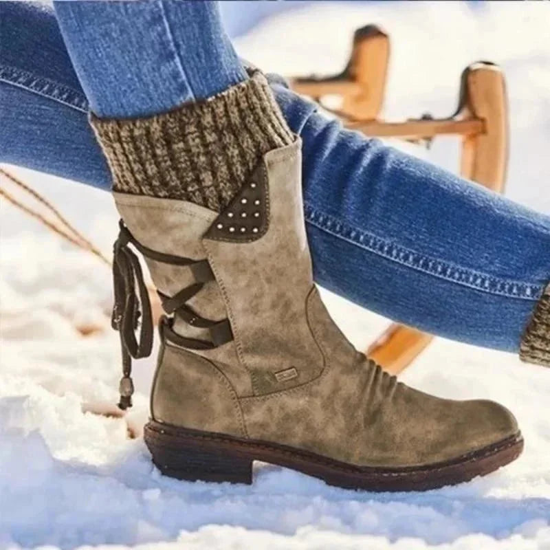 Women's Orthopedic Winter Shoes with Lace-Up Knit Cuff & Buckle Detail - Worn Lifestyle Snow Close