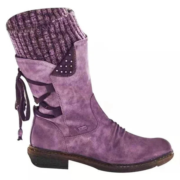Purple Women's Orthopedic Winter Shoes with Lace-Up Knit Cuff & Buckle Detail - Studio Side Angle