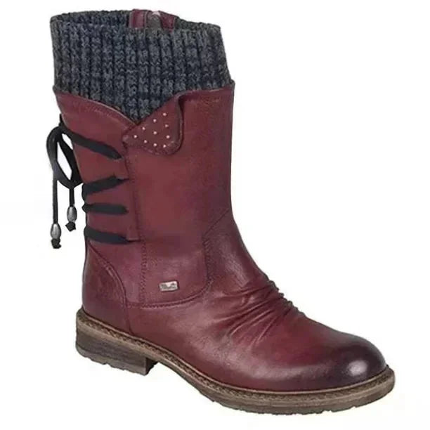 Red Women's Orthopedic Winter Shoes with Lace-Up Knit Cuff & Buckle Detail - Studio Side Full