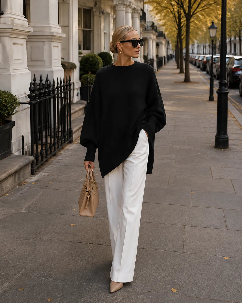 Black Women's Oversized Asymmetric Sweater with Crew Neck & Long Sleeves