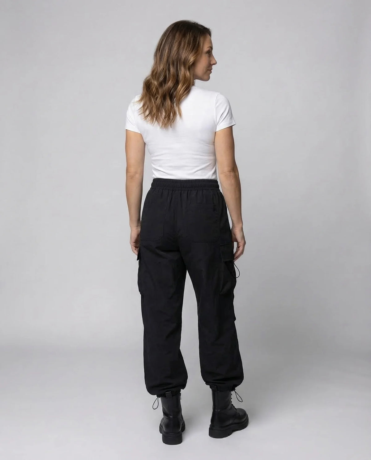 Black Women's Oversized Cargo Pants with Drawstring Waist & Flap Pockets — Lena - Back Full