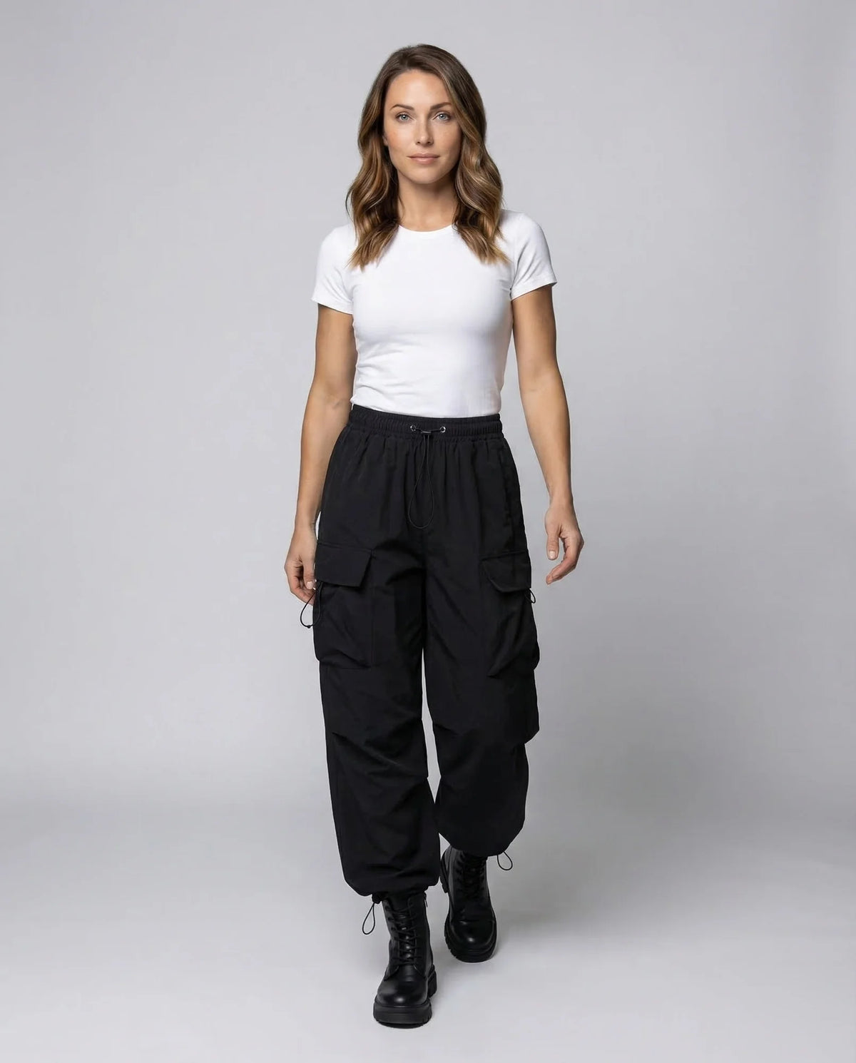 Black Women's Oversized Cargo Pants with Drawstring Waist & Flap Pockets — Lena - Front Full