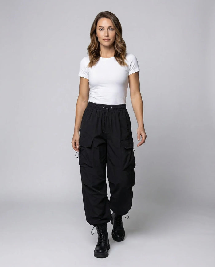 Black Women's Oversized Cargo Pants with Drawstring Waist & Flap Pockets — Lena - Front Full