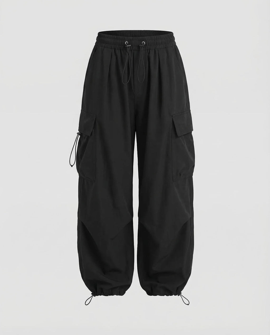 Black Women's Oversized Cargo Pants with Drawstring Waist & Flap Pockets — Lena