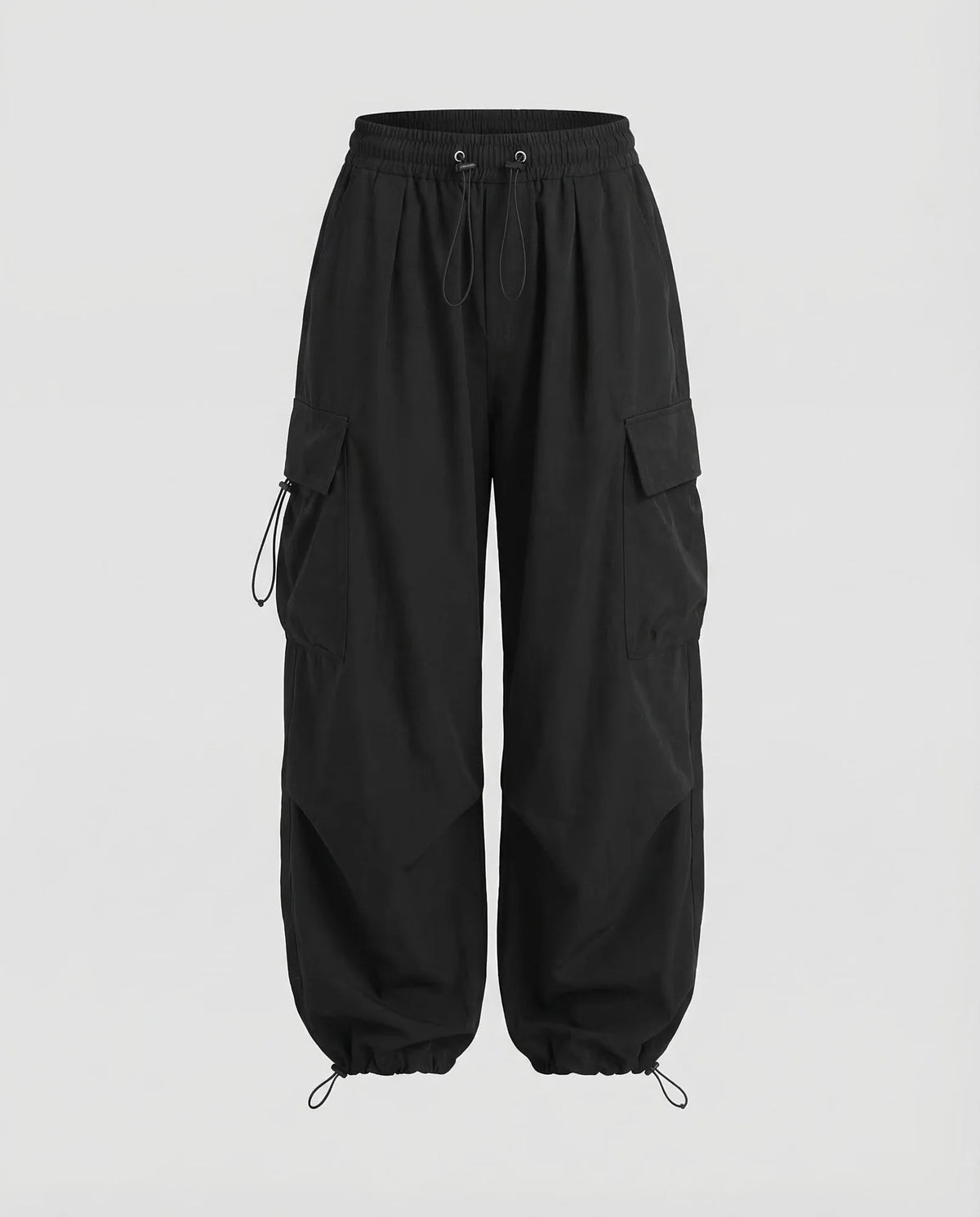 Black Women's Oversized Cargo Pants with Drawstring Waist & Flap Pockets — Lena