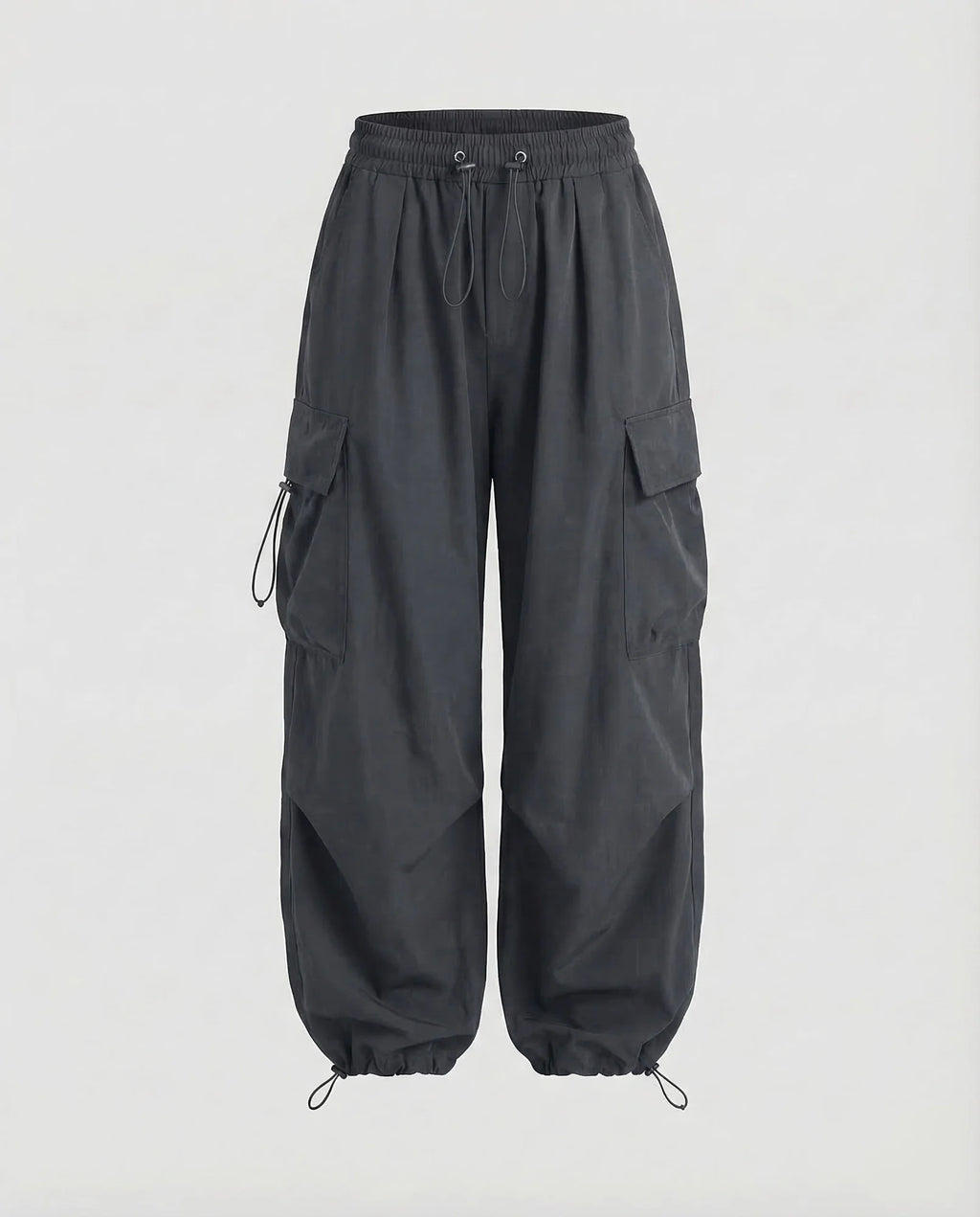 Gray Women's Oversized Cargo Pants with Drawstring Waist & Flap Pockets — Lena