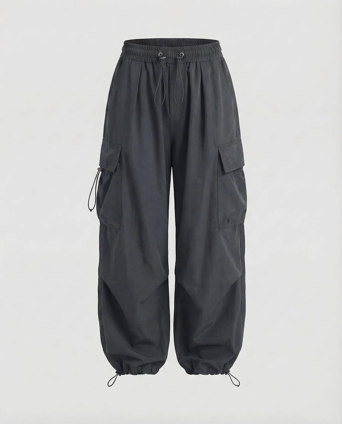 Gray Women's Oversized Cargo Pants with Drawstring Waist & Flap Pockets — Lena