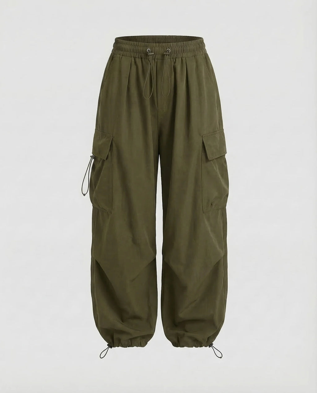 Olive Green Women's Oversized Cargo Pants with Drawstring Waist & Flap Pockets — Lena - Studio Flat Front