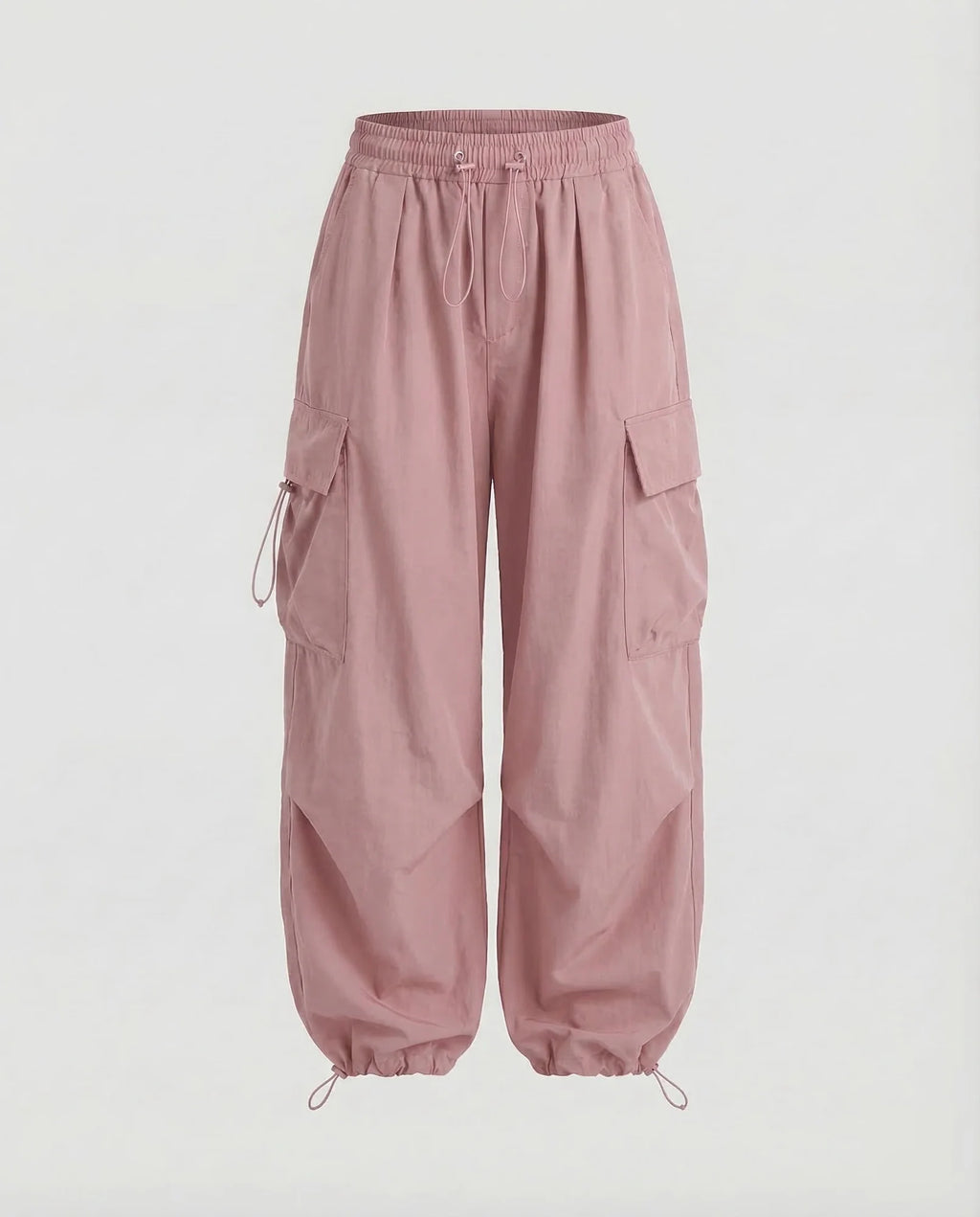 Pink Women's Oversized Cargo Pants with Drawstring Waist & Flap Pockets — Lena