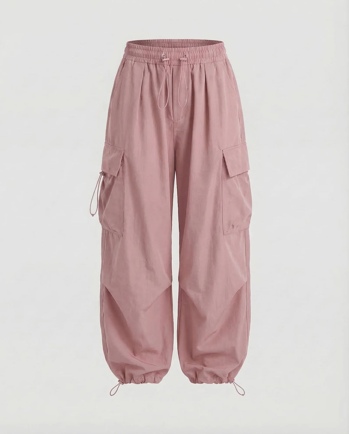 Pink Women's Oversized Cargo Pants with Drawstring Waist & Flap Pockets — Lena