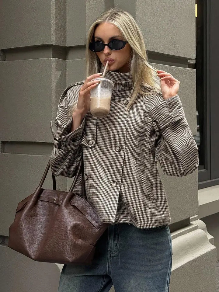 Khaki Women's Oversized Blazer in Houndstooth with Structured Cropped Fit - Front Full Lifestyle