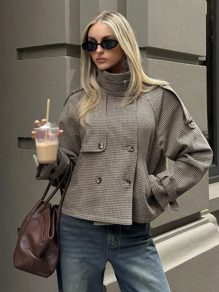 Khaki Women's Oversized Blazer in Houndstooth with Structured Cropped Fit — May