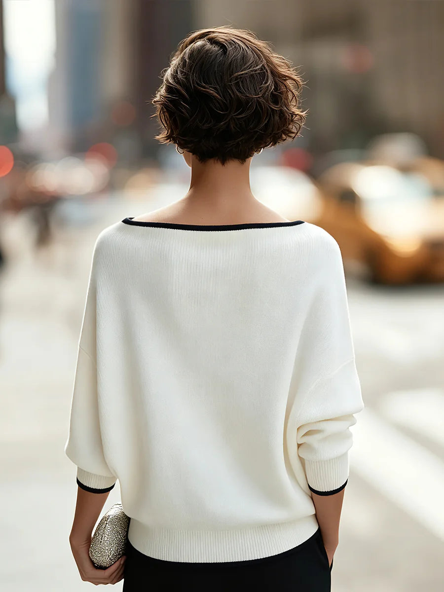 White Women's Oversized Knit Sweater with Boat Neck & Contrast-Trim Dolman Sleeves - Back Full Worn