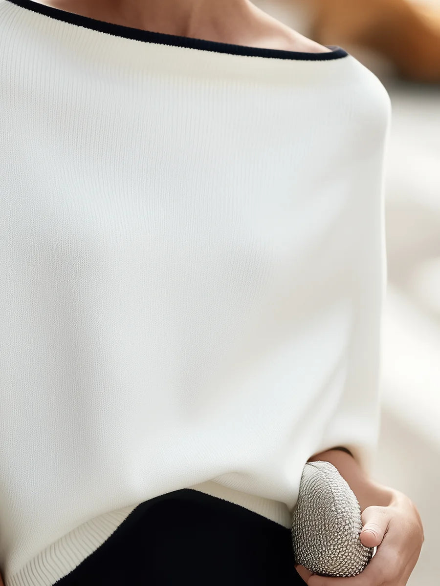 White Women's Oversized Knit Sweater with Boat Neck & Contrast-Trim Dolman Sleeves - Shoulder Hem Detail