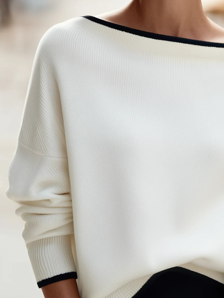 White Women's Oversized Knit Sweater with Boat Neck & Contrast-Trim Dolman Sleeves - Sleeve Cuff Detail