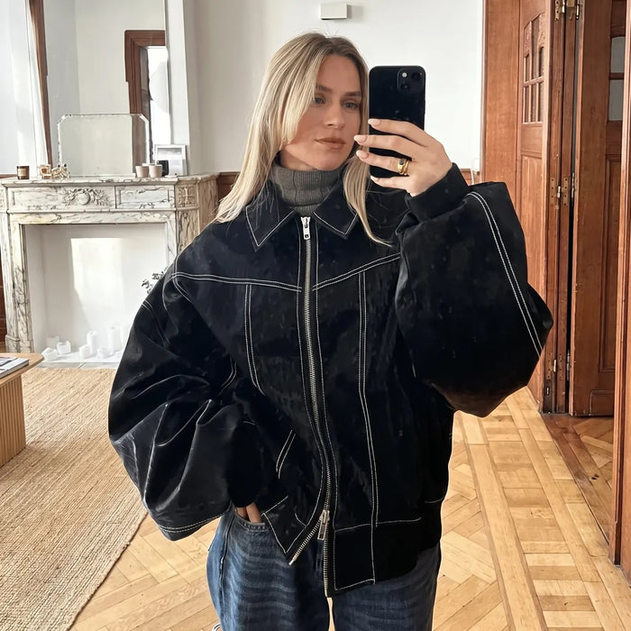 Black Women's Oversized Bomber Jacket with Contrast Stitch & Point Collar