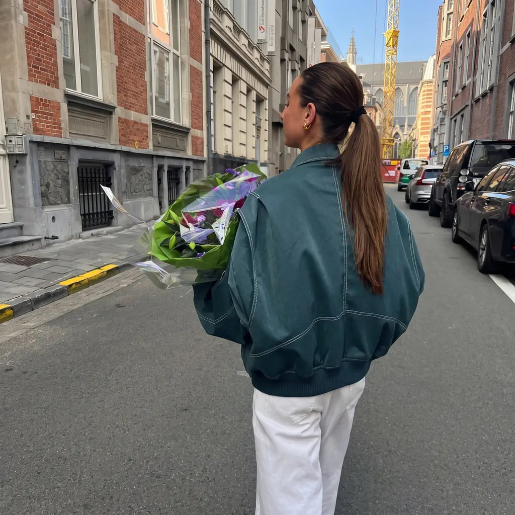 Women's Oversized Bomber Jacket with Contrast Stitch & Point Collar - Back Walking Street