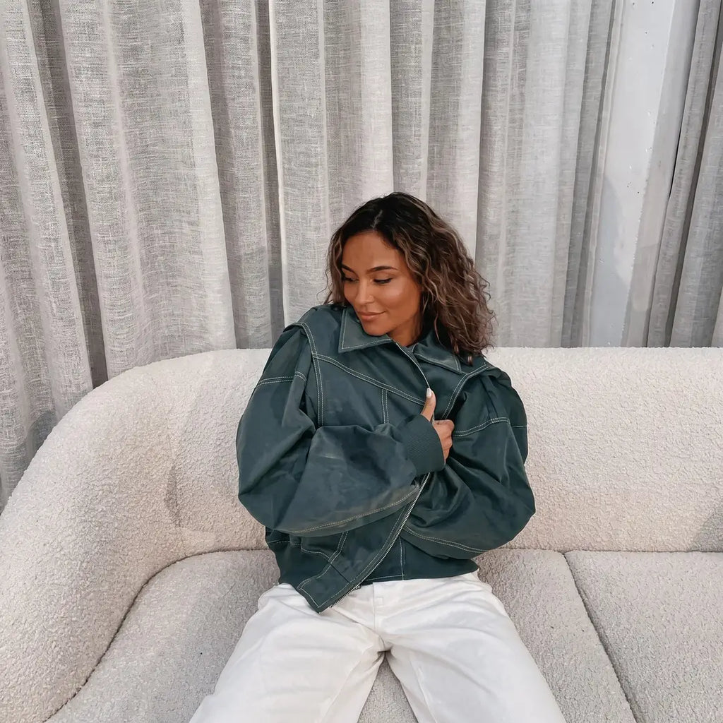 Green Women's Oversized Bomber Jacket with Contrast Stitch & Point Collar