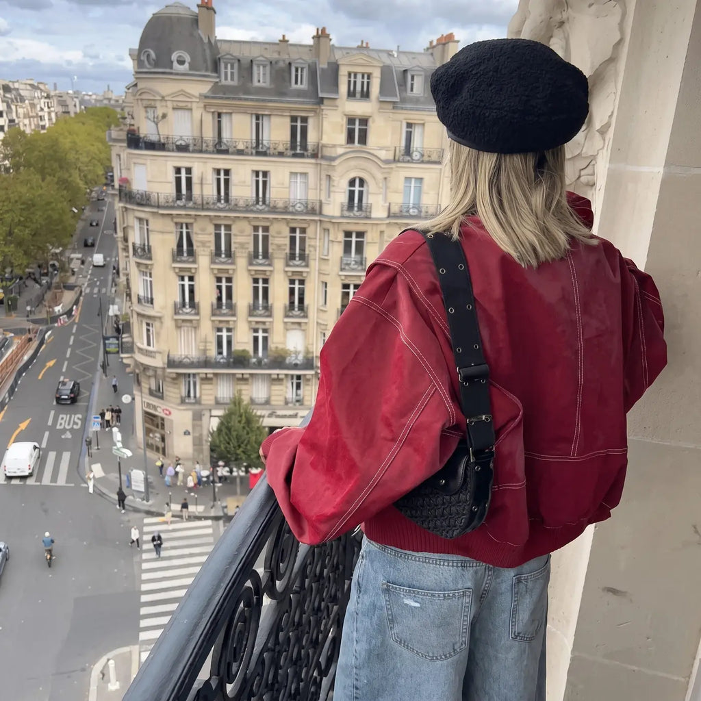 Red Women's Oversized Bomber Jacket with Contrast Stitch & Point Collar