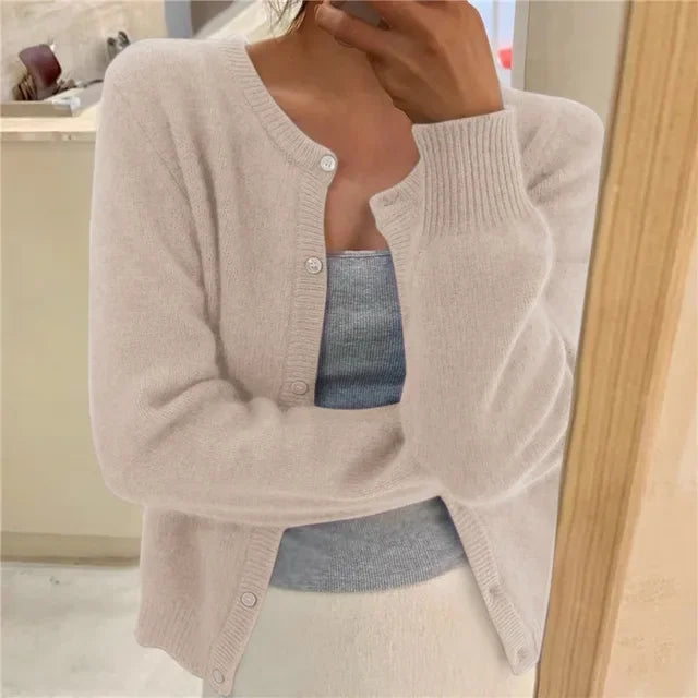 Beige Women's Oversized Cardigan with Button-Front Closure & Ribbed Cuffs
