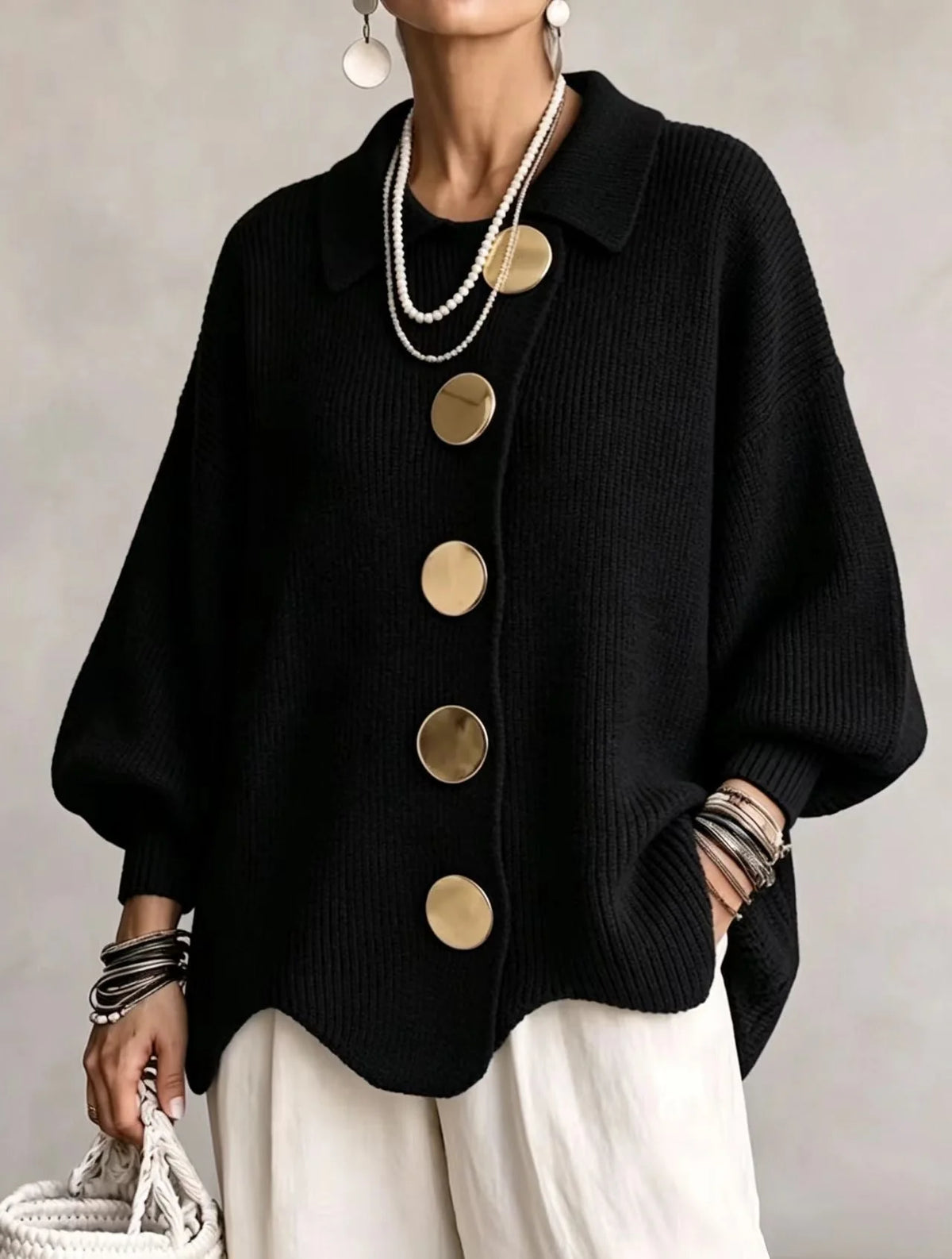 Black Women's Oversized Cardigan with Lantern Sleeves & Scalloped Hem — Abby