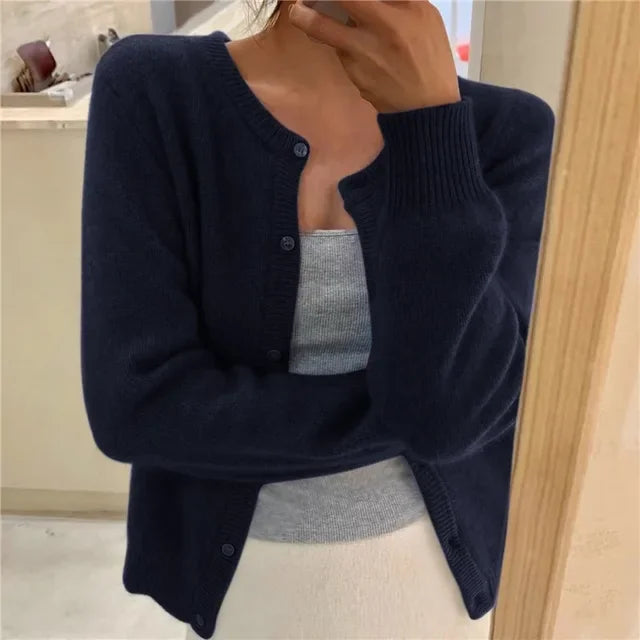 Blue Navy Women's Oversized Cardigan with Button-Front Closure & Ribbed Cuffs