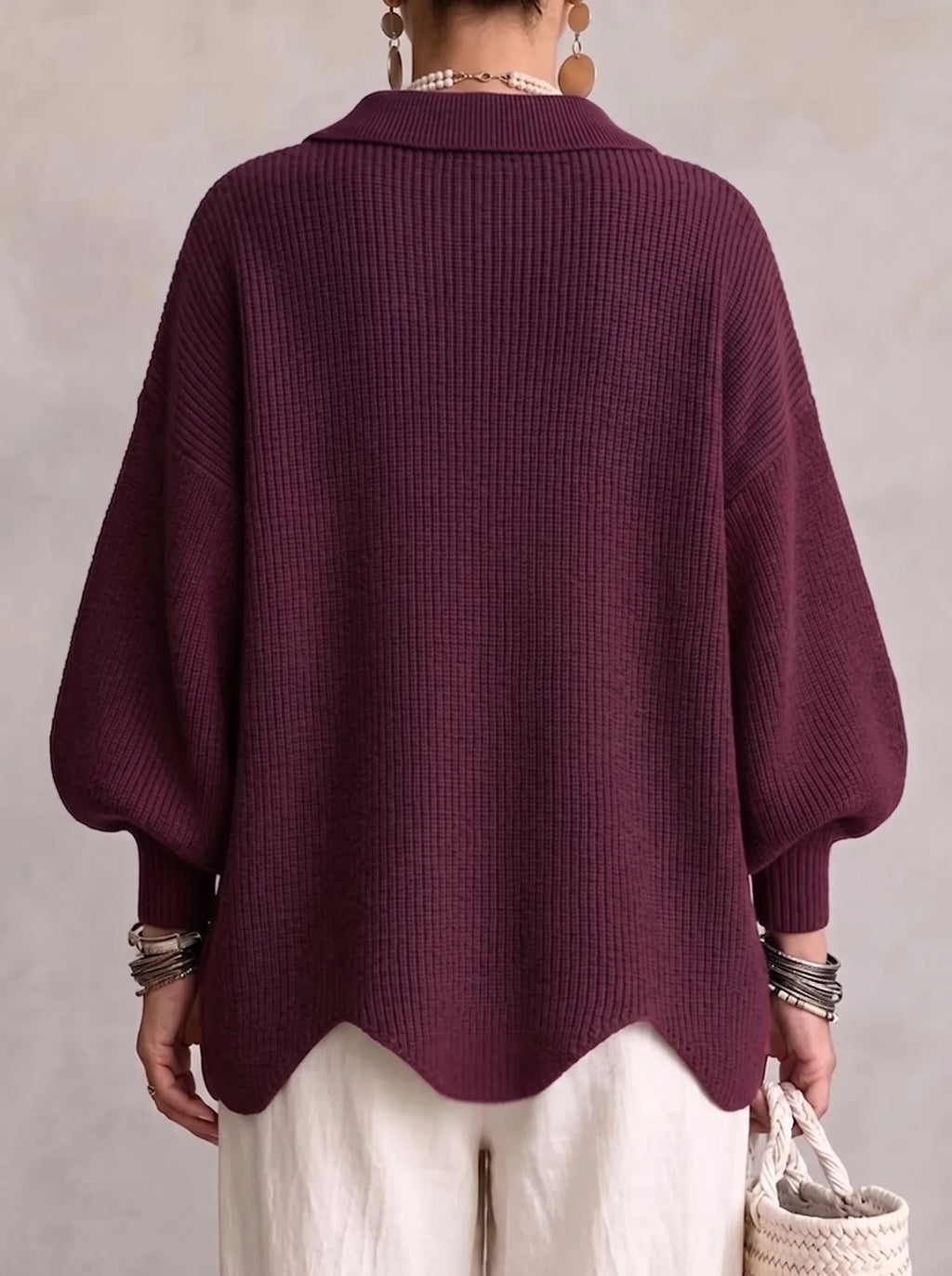 Women's Oversized Cardigan with Lantern Sleeves & Scalloped Hem - Back Pose