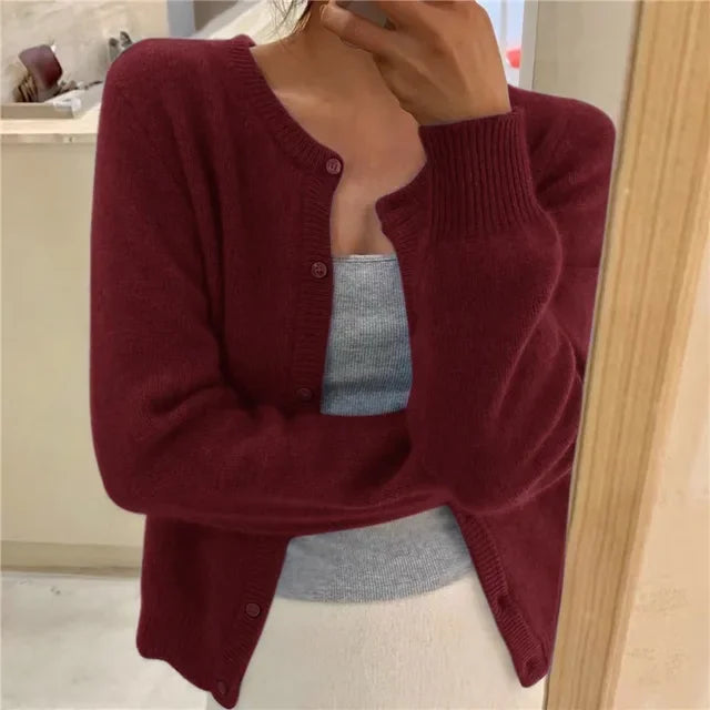 Dark Red Women's Oversized Cardigan with Button-Front Closure & Ribbed Cuffs - Front Sleeve Detail