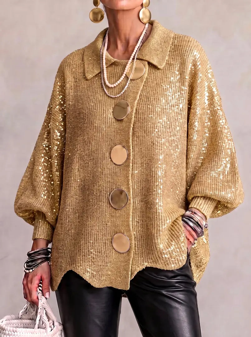 Gold Women's Oversized Cardigan with Lantern Sleeves & Scalloped Hem — Abby