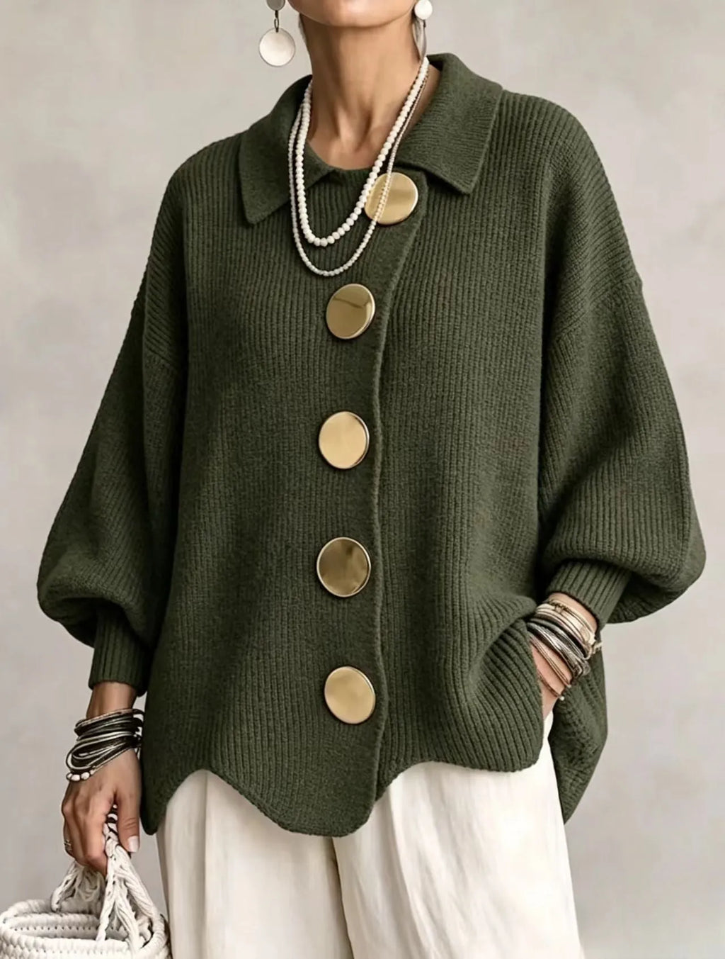 Green Women's Oversized Cardigan with Lantern Sleeves & Scalloped Hem — Abby