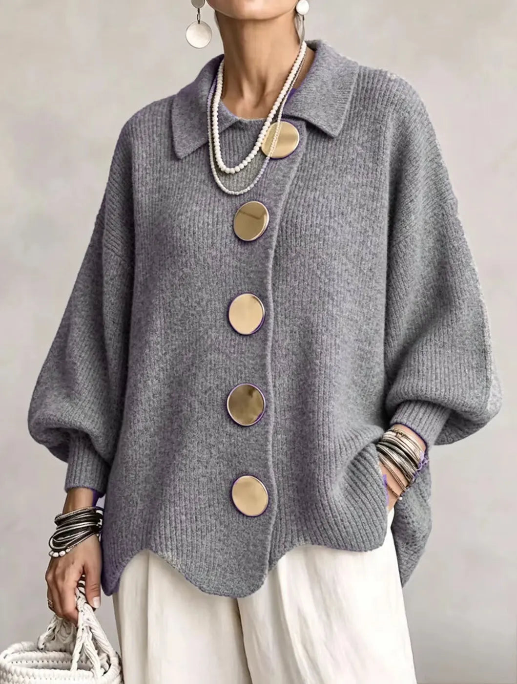 Grey Women's Oversized Cardigan with Lantern Sleeves & Scalloped Hem