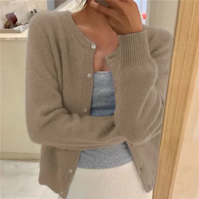 Khaki Women's Oversized Cardigan with Button-Front Closure & Ribbed Cuffs - Front Standing