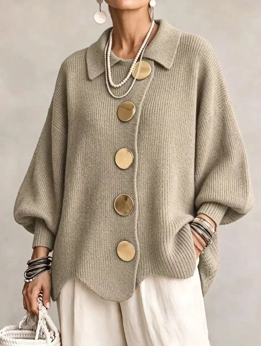 Khaki Women's Oversized Cardigan with Lantern Sleeves & Scalloped Hem