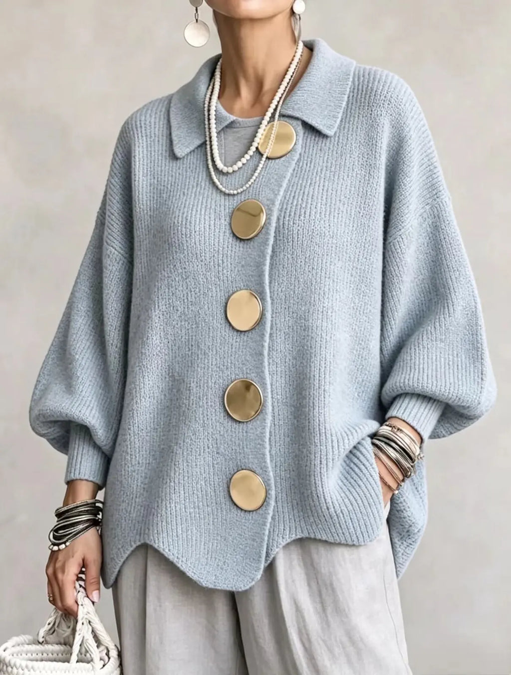 Light Blue Women's Oversized Cardigan with Lantern Sleeves & Scalloped Hem