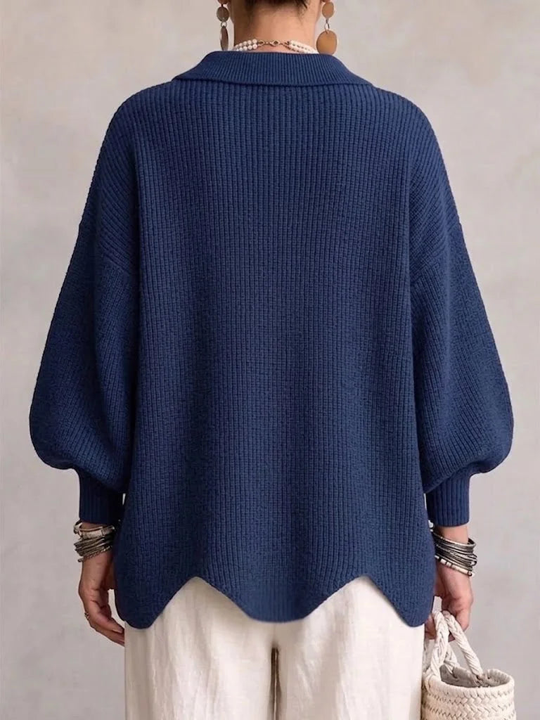 Navy Blue Women's Oversized Cardigan with Lantern Sleeves & Scalloped Hem — Abby - Back Full