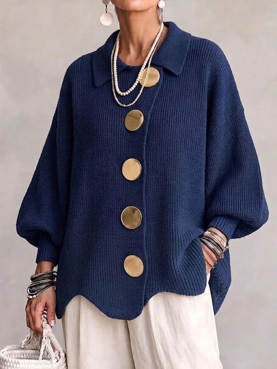 Navy Blue Women's Oversized Cardigan with Lantern Sleeves & Scalloped Hem