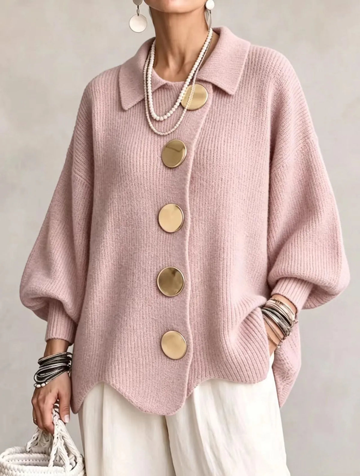 Pink Women's Oversized Cardigan with Lantern Sleeves & Scalloped Hem — Abby