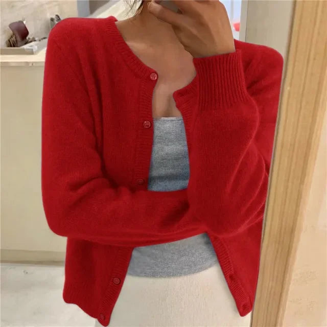 Red Women's Oversized Cardigan with Button-Front Closure & Ribbed Cuffs