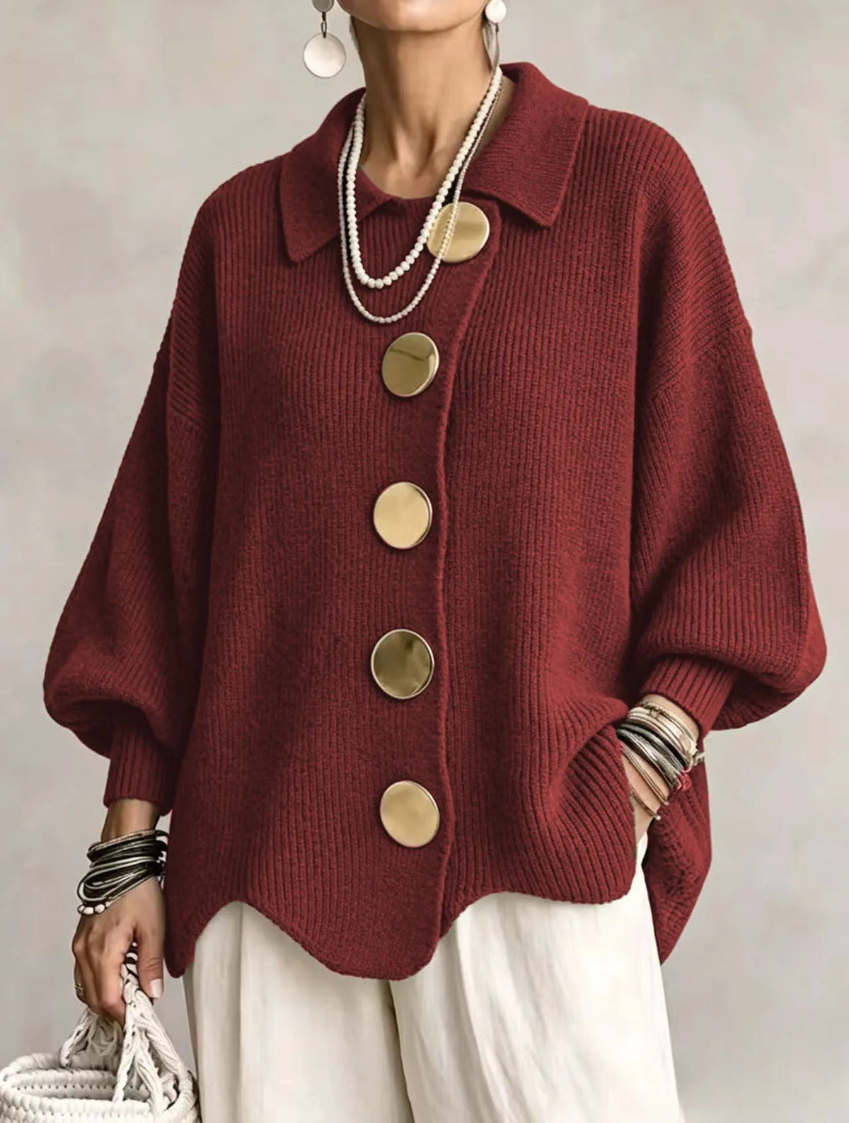 Red Women's Oversized Cardigan with Lantern Sleeves & Scalloped Hem